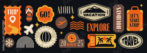 Travel stickers set. Vintage y2k patches or badges with airplane, mountains, beach palm trees and suitcase. Tourism, vacation and journey. Flat vector illustration collection isolated on background