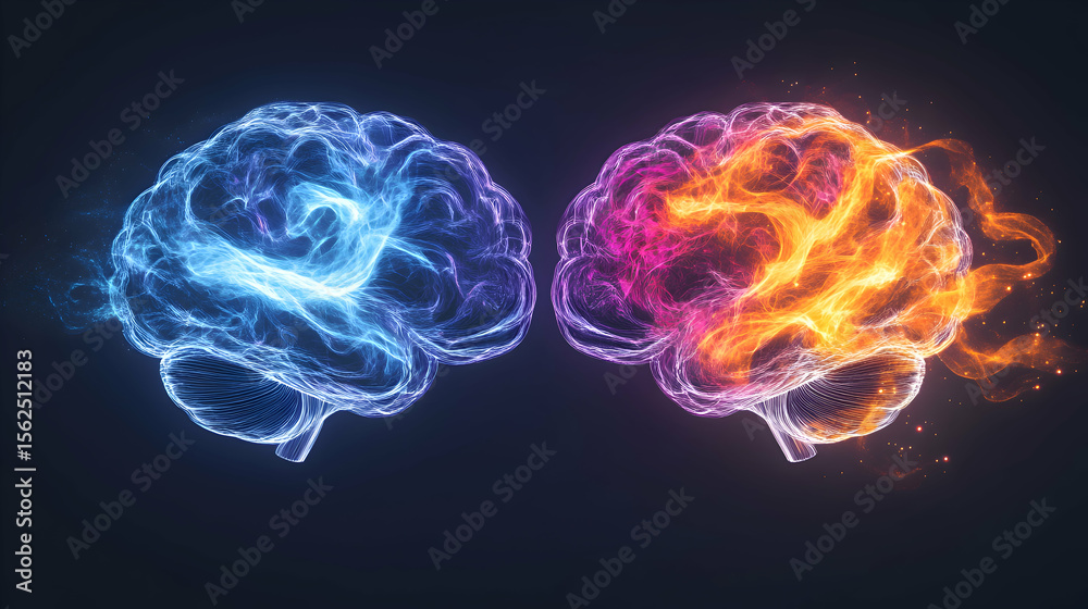 Fototapeta premium A striking 3D-rendered image of two colorful brain halves, each floating separately but connected by glowing neural pathways