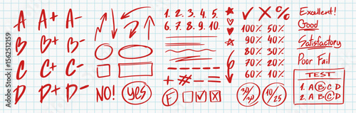 English test red pen mark. Doodle outline icons with American exam grades with letters, check marks, crosses and numbers. Hand drawn vector illustration collection isolated on background