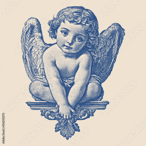 Engraved illustration of a peaceful cherub with large wings, seated on a decorative ledge, gazing softly.