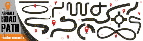 Asphalt road path set. Icons with car road, highways and driving routes with red pin pointers. City street with crossroads and curved ways. Flat vector illustration collection isolated on background