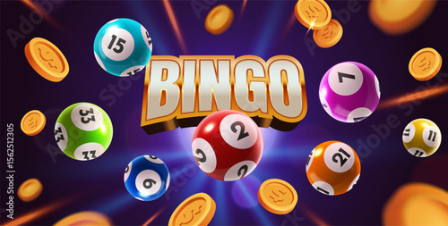 Bingo winner banner. Poster with lottery balls, flying gold coins and text. Jackpot in casino, lotto or gambling game. Winning at casino, luck and victory. Realistic 3D vector illustration