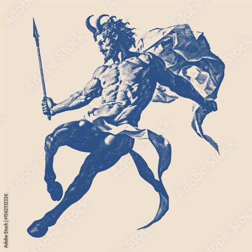 A mythological horned satyr-like figure holding a spear, depicted mid-leap with dramatic motion and muscular detail.