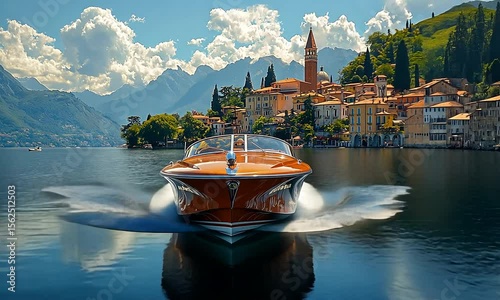 A stunning orange speedboat gracefully glides on a lake with a beautiful European village in the distance.