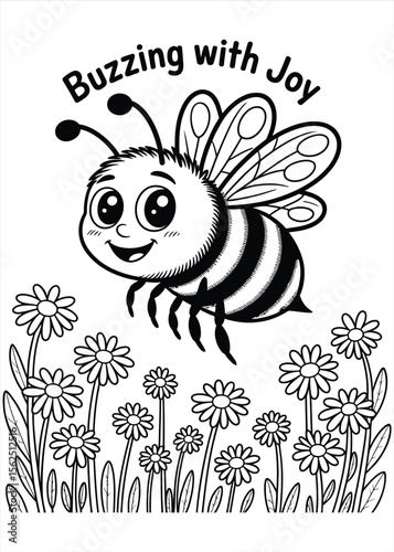 Cute cartoon bee with wings buzzing happily in a field of daisies
