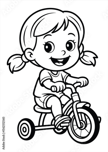 Happy cartoon girl riding a tricycle with pigtails and a big smile