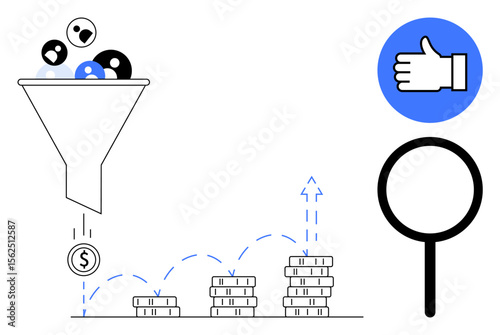 Funnel with user icons converting to coins, stacks of coins showing growth, approval thumbs-up icon, and magnifying glass. Ideal for marketing, sales funnel, ROI, customer conversion, lead