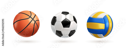 Set of sports balls 3D icons. Mockups or templates of game equipment for basketball, football and volleyball. Different play stuff. Realistic vector illustration collection isolated on background