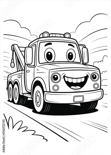 Happy cartoon tow truck with a hook driving on the road