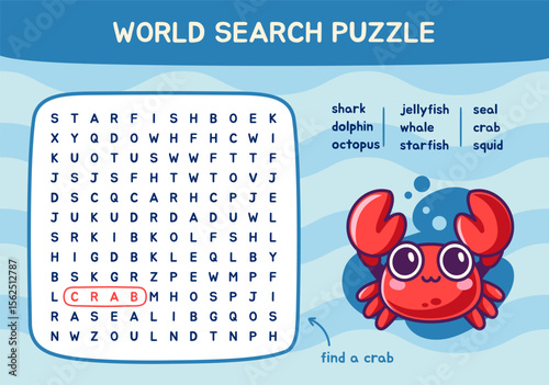 Word search puzzle. Worksheet for kids with cute crab and words related to sea creatures. Education game for children. Colorful crossword for Learning English language. Flat vector illustration