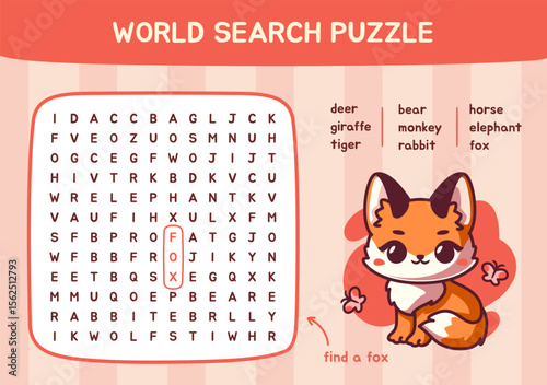 Word search puzzle. Worksheet for kids with cute fox and words related to wild forest animals. Education game for children. Colorful crossword for Learning English language. Flat vector illustration