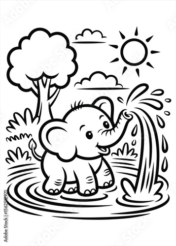 Cute baby elephant spraying water from its trunk in a pond on a sunny day