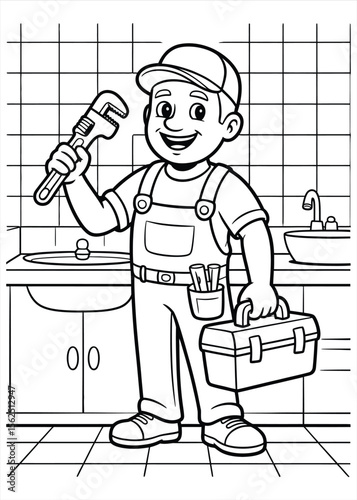 Happy cartoon plumber holding a wrench and toolbox in a bathroom setting