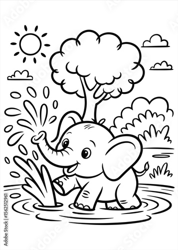 Cute cartoon baby elephant playing with water splashing from its trunk in a pond