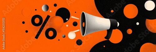 Mega sale announcement with percentage symbol and megaphone, 3:1 promotional banner in bold orange and black, minimal design with copy space on right for marketing content