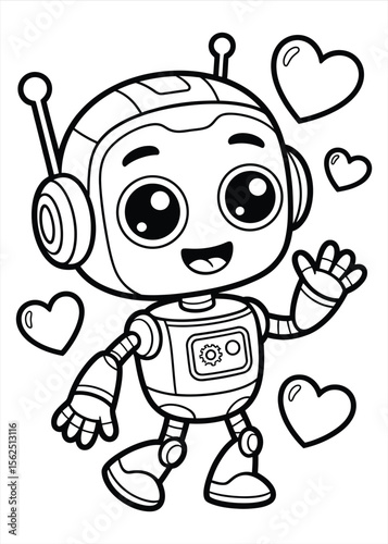 Cute cartoon robot character with hearts waving hello and smiling