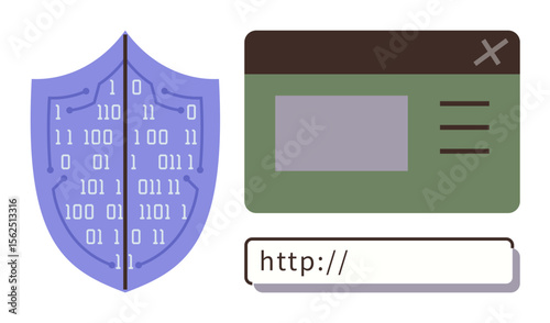 Shield with binary code next to a browser window and URL bar highlighting cybersecurity, data protection, and safe browsing. Ideal for IT, online safety, privacy, web design, hacking prevention