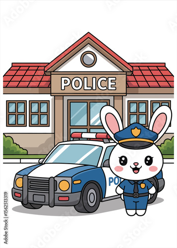 Cute cartoon bunny police officer standing next to a police car in front of a police station