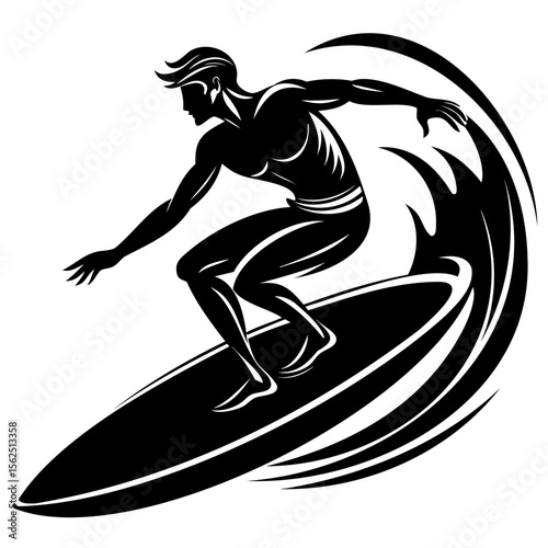 Surfer Silhouette on Wave: A dynamic silhouette of a surfer gracefully carving through a powerful wave, embodying the thrill and skill of water sports. 