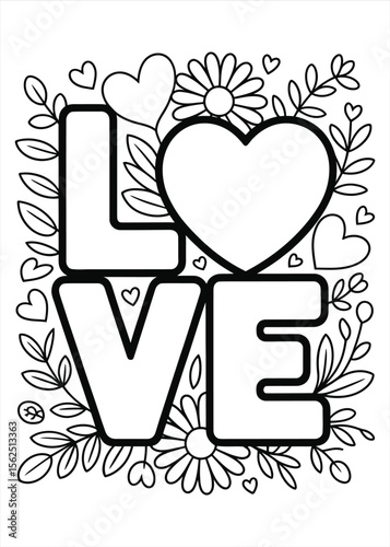 Love word art with hearts and floral elements for coloring or design