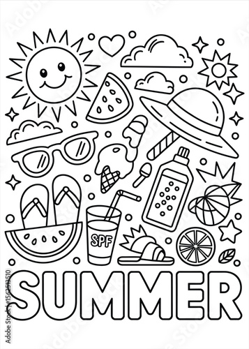 Fun summer coloring page with sun ice cream watermelon and beach accessories