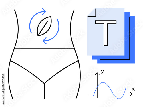 Female body outline with leaf symbolizing health, graphs for data analysis, and layered document representation. Ideal for fitness, wellness, nutrition, weight management, data tracking, healthcare