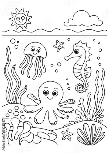 Cute cartoon underwater scene with octopus jellyfish seahorse starfish and sun for coloring