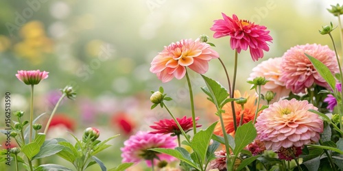 Dahlia Garden Close-up Composition of Blooming Flowers, Soft Focus Background, Pastel Colors, Floral Photography, Dahlia Bloom Dahlia, Floral Photography