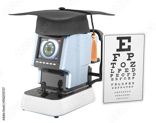Optometry education or training optometrist. Automatic refractometer with graduation cap and eye examination chart. 3D rendering isolated on transparent background