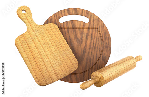Wooden cutting boards different shapes and a classic wooden rolling pin. 3D rendering isolated on transparent background