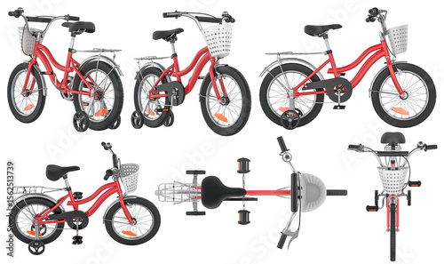 Red kids bicycle with training wheels and basket, from multiple angles. 3D rendering isolated on transparent background