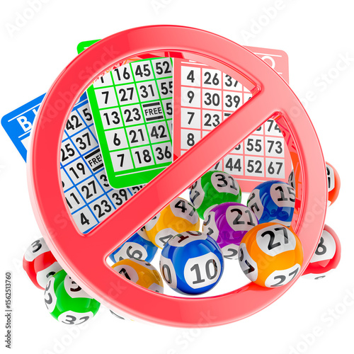 Prohibition sign with bingo cards and lottery balls. 3D rendering isolated on transparent background