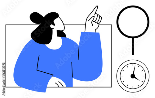 Female figure pointing upward, accompanied by a magnifying glass and a clock. Ideal for productivity, decision-making, analysis, time management, goal setting, achieving focus, simple flat metaphor