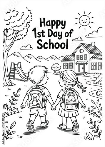 Happy first day of school illustration with children walking towards a school building