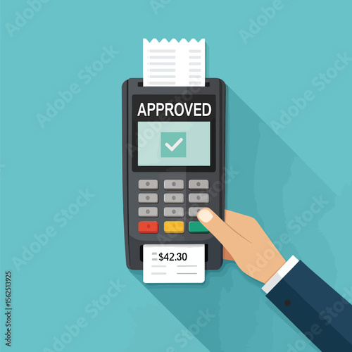Approved payment terminal pos system transaction successful credit card purchase online shopping concept