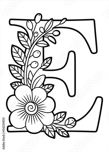 Elegant letter e decorated with floral elements and berries in black and white