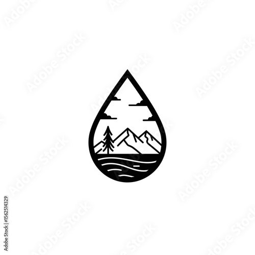 Scenic landscape within a raindrop silhouette in black and white  