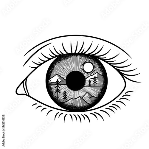 Eye illustration featuring a landscape inside the iris  
