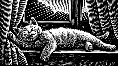 cat stretching lazily on a windowsill, great for pet branding, home decor prints or ankle tattoos a black and white line art illustration