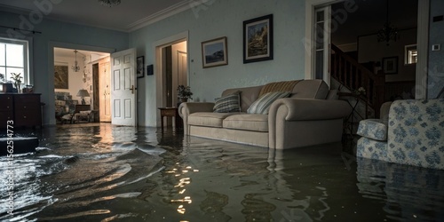 Flooded Living Room Interior Composition, Water Damage, Beige Sofa, Home Disaster, Flood Insurance Flood damage, water damage