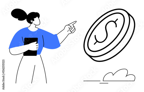 Woman holding tablet points at large dollar coin symbolizing finance, investment, or income growth. Ideal for business, wealth management, economics, success, planning, saving simple flat metaphor