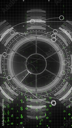 Digital data processing and analysis animation over futuristic interface with graphs and codes