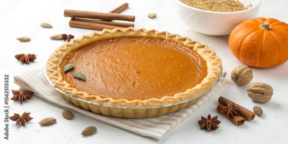 Fototapeta premium Golden Crust Pumpkin Pie Autumnal Still Life Photography, Pumpkin Pie Recipe, Thanksgiving Dessert Pumpkin Pie, Thanksgiving, Autumn