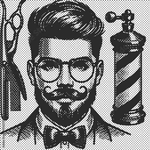 Hipster man with mustache in vintage barber attire illustration set, retro style dot halftone effect bundle, stipple engraving ink artwork, beard grooming male portrait vector design