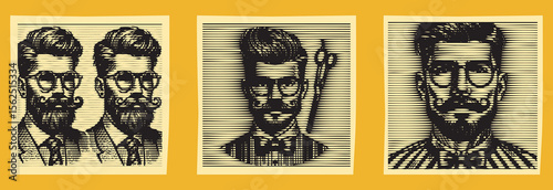 Vintage hipster man with mustache in classic barber outfit, line halftone effect bundle illustration for retro design, male portrait drawing, facial hair grooming concept artwork