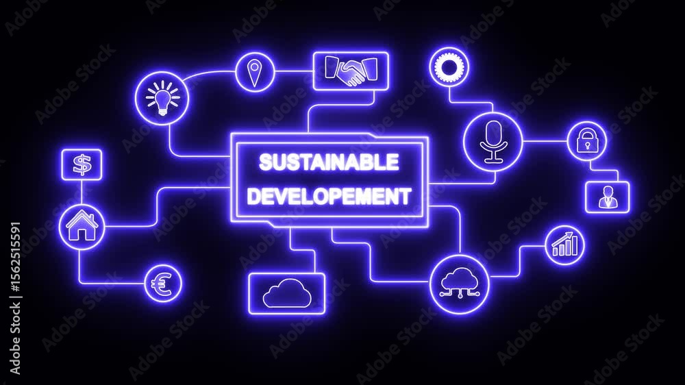 Neon line SUSTAINABLE DEVELOPMENT inscription, cloud technology concept animated. Business, Technology, Internet and network concept. 4k video motion graphics footage on black background.