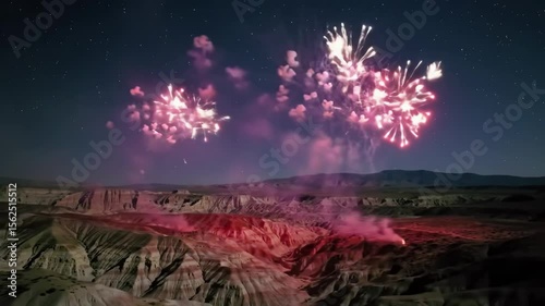 Fireworks burst over desert landscape under a starry night sky