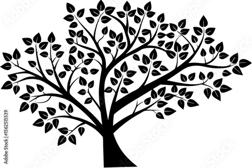 A beautiful vector silhouette of a tree with leaves depicts nature's spring and summer growth, ideal for floral design and decoration