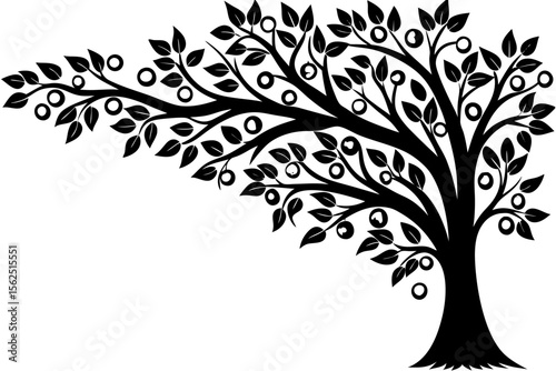 Black and white vector silhouette of a tree with roots, illustrating nature's growth and seasonal beauty