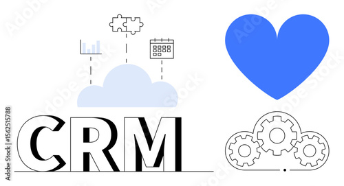 CRM text paired with a cloud, puzzle, calendar, analytics, gears, and heart. Ideal for CRM systems, data analysis, customer support teamwork strategy technology simple landing page